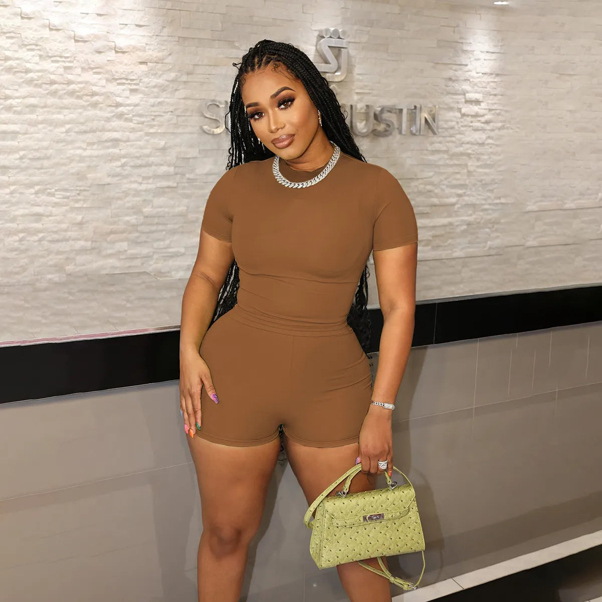 Women Fashion Casual Solid Color Short Sleeve T-Shirt Tight Shorts Two-Piece Set