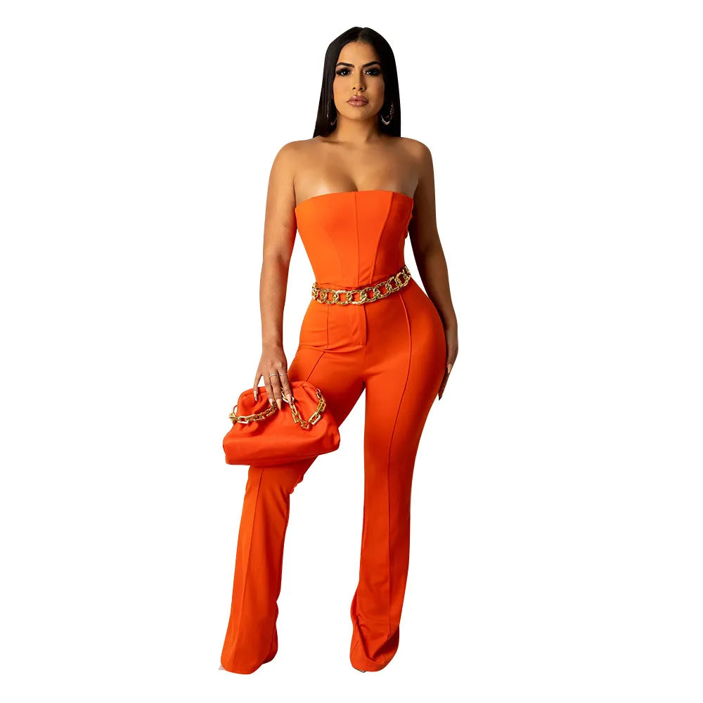 Women Fashion Sexy Tight Solid Color Backless Tube Top Defined Waist Pants 2pcs Set