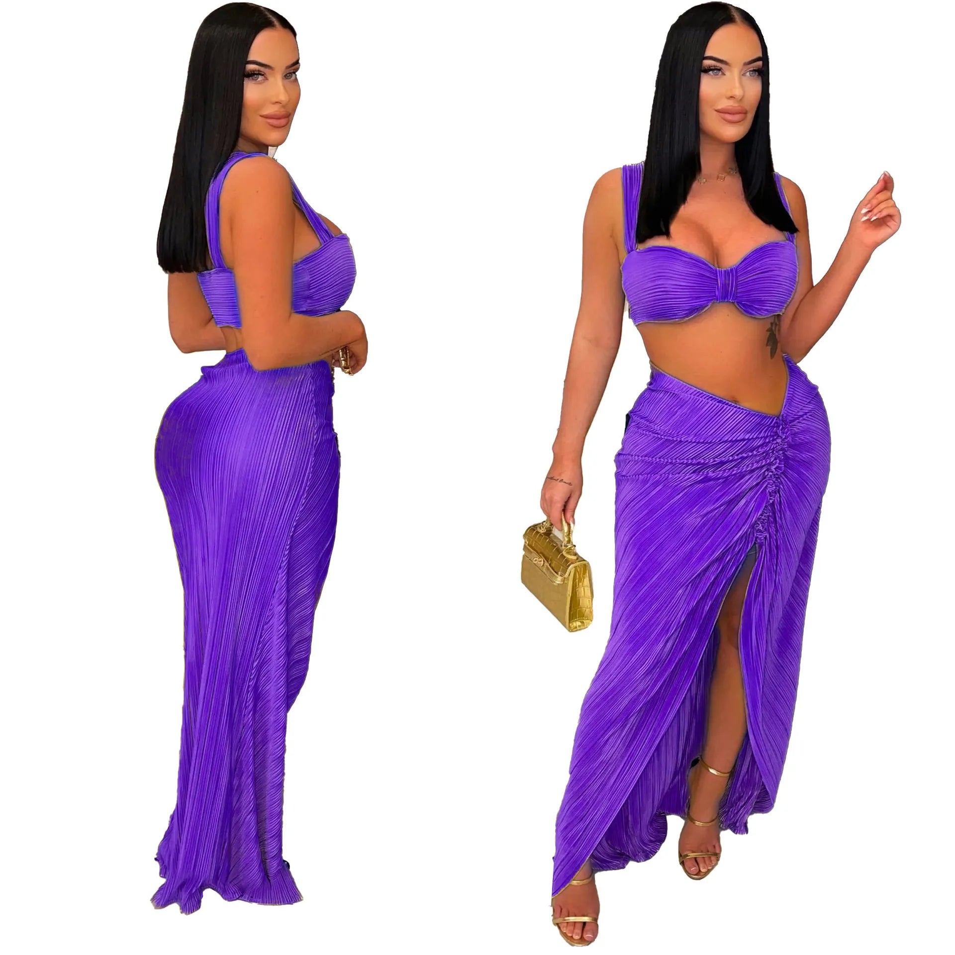 Women Fashion Sexy Solid Color Tank Crop Top Tight Front Split Skirts 2pcs-Set