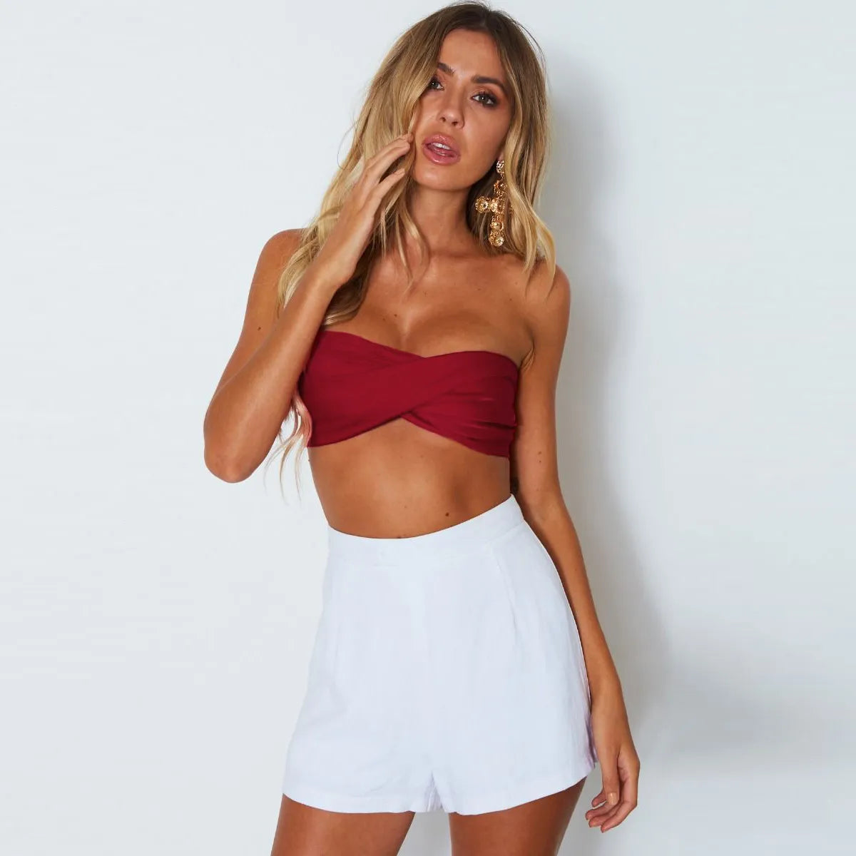 omen Sexy Night Out Solid Color Strapless Halter Neck Bandage Backless Crop Tube Top