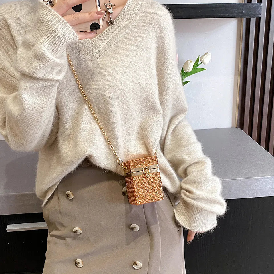 Wholesale Women Fashion Mini Rhinestone Decorative Buckle Design Square Crossbody Bag