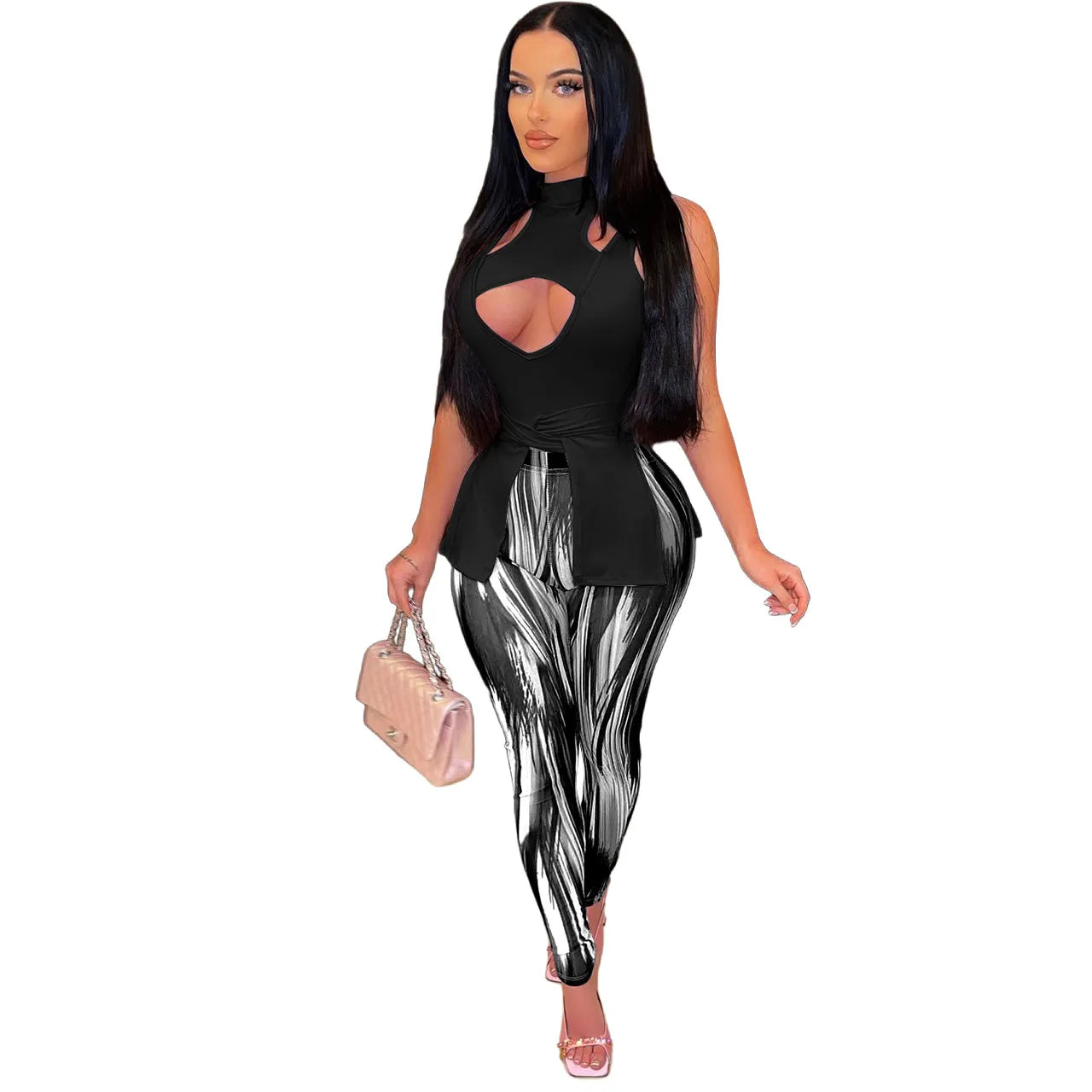Summer Women Sexy Sleeveless Cut Out Irregular Hem Top And Tie Dye Skinny Pants Two Piece Set