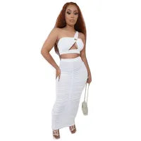 Women Fashion Sexy Solid Color Hollow-Out Crop Top Pleated Skirt Two-Piece Set