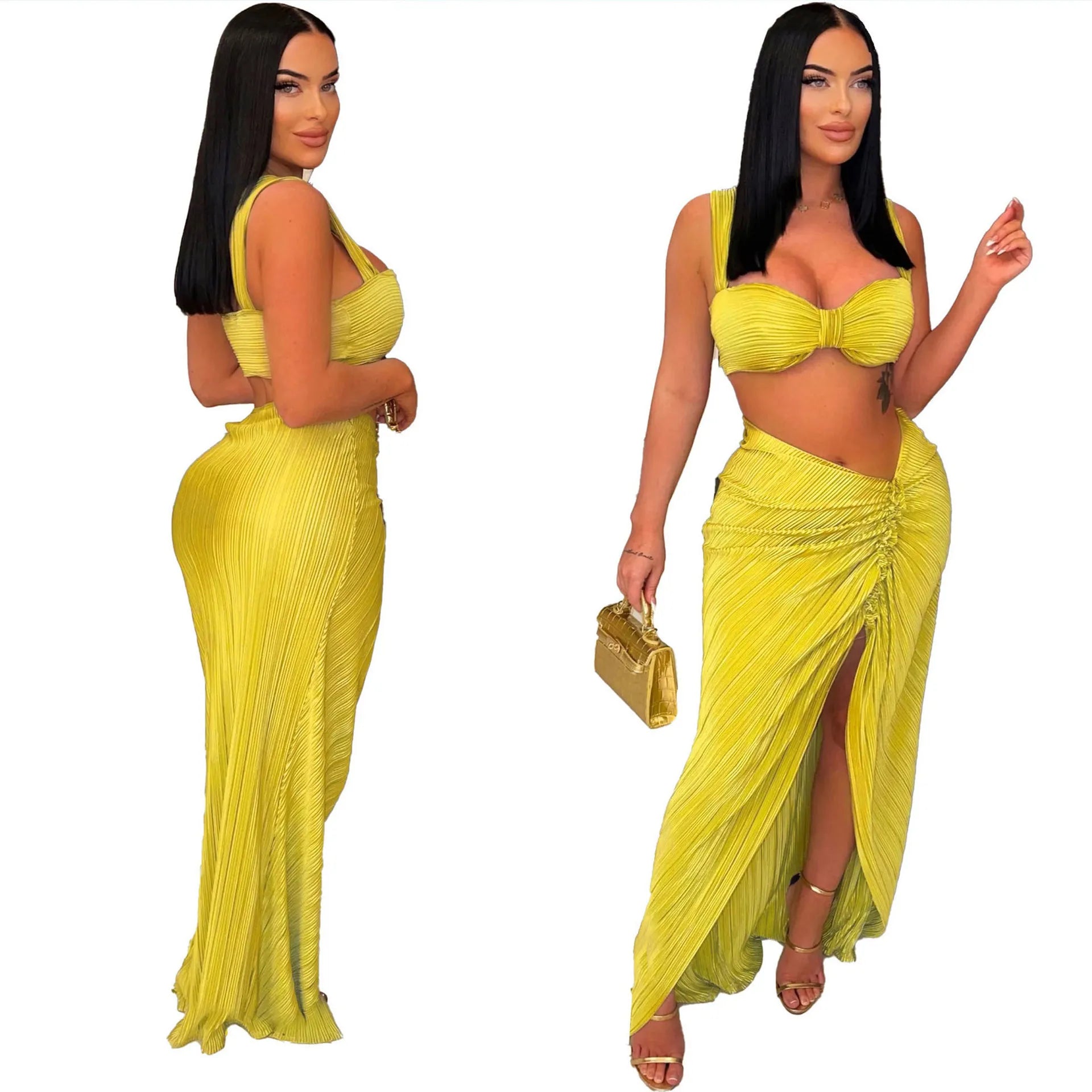 Women Fashion Sexy Solid Color Tank Crop Top Tight Front Split Skirts 2pcs-Set