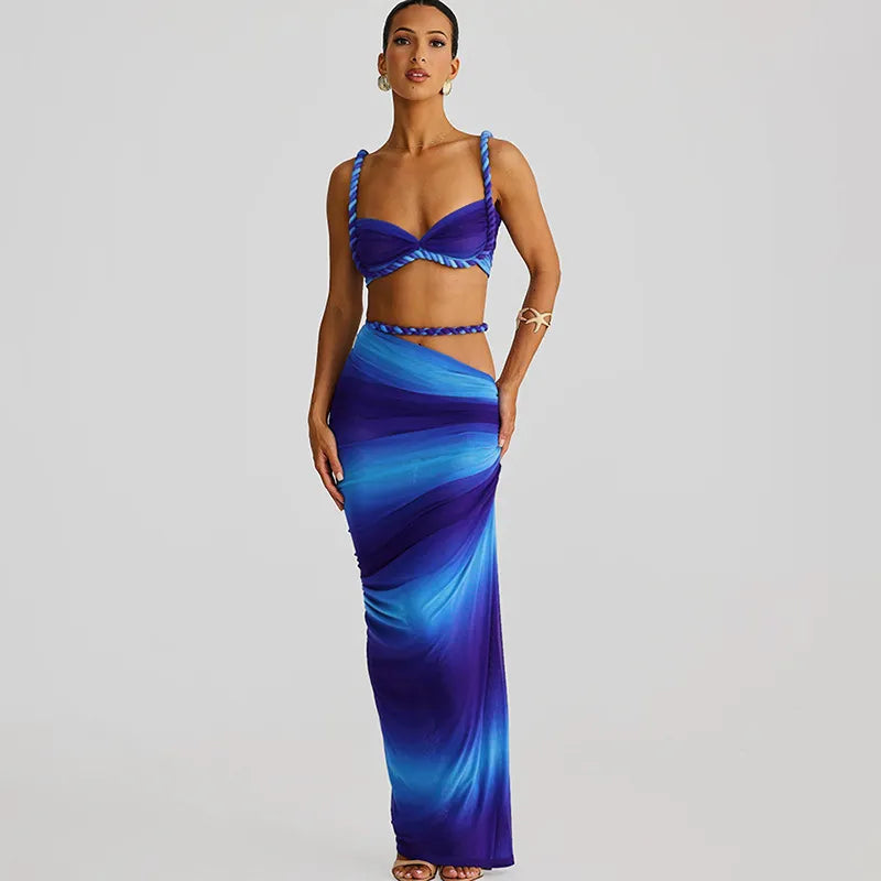 Women Fashion Sexy Solid Color Pleated Camisole Slim Fit Skirt Two-Piece Set