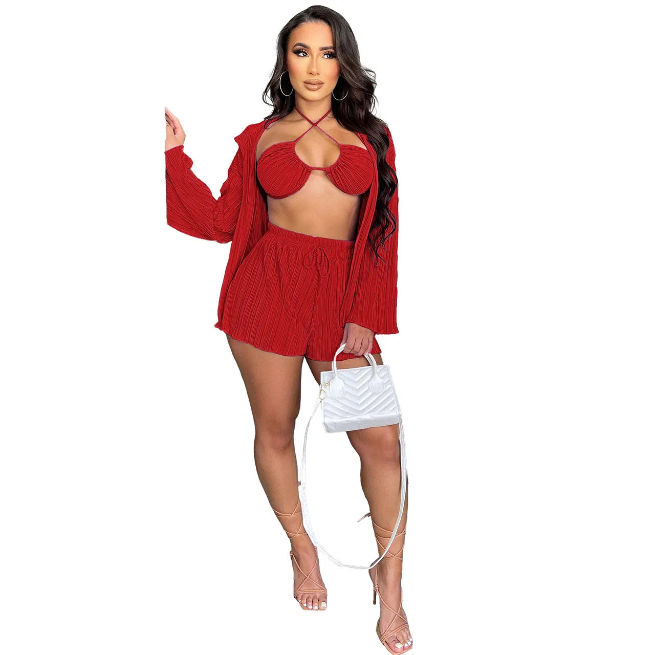 Women Fashion Sexy Creased Long Sleeve Blouse Bandage Camisand Shorts Three Pieces Vacation Set