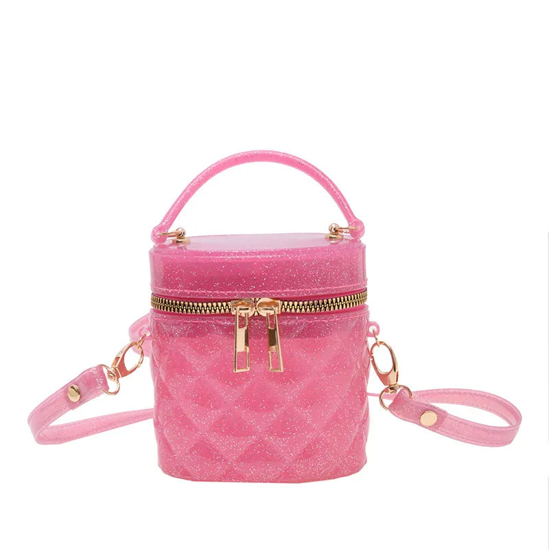 Women Fashion Mini Cylinder Jelly Color Zipper Crossbody Bag