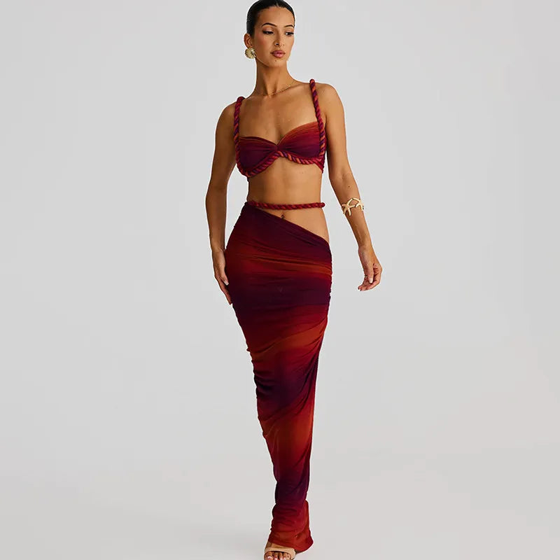 Women Fashion Sexy Solid Color Pleated Camisole Slim Fit Skirt Two-Piece Set