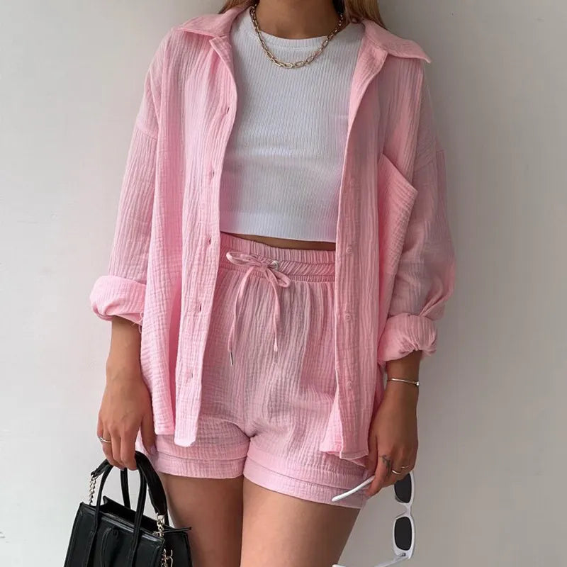 Women Casual Solid Color Pleated Lapel Long Sleeve Top And High Waist Shorts Casual Two-Piece Set