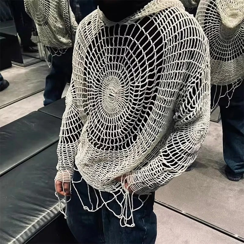 Men's Spider Web Hollow Knit Hoodie Sweater