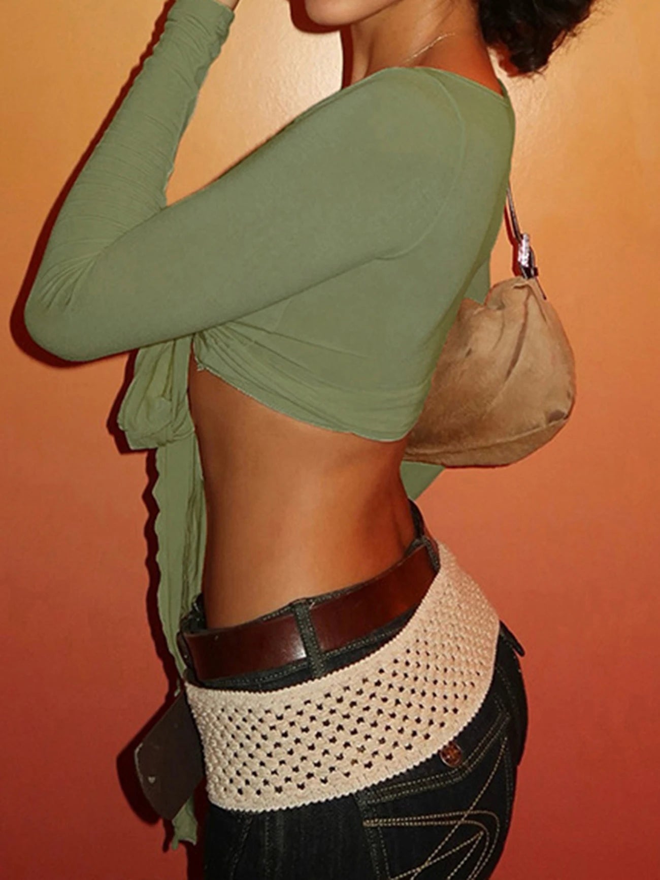 Sexy V-Neck Long Sleeve Crop Top with Asymmetrical Front Tie Detail