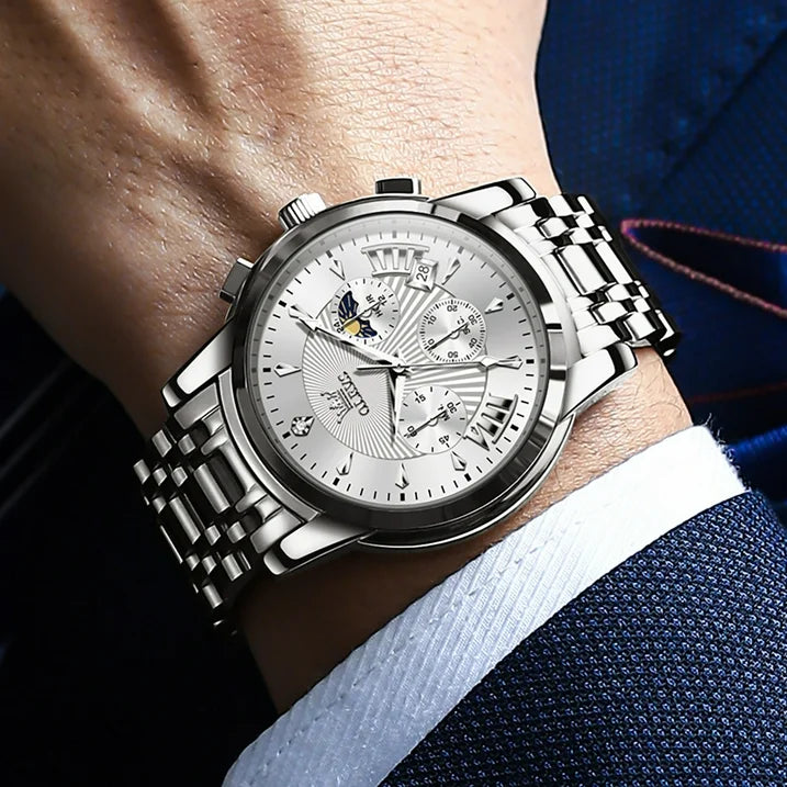 OLEVS Watches for Men, Mens Watches Quartz Silver Stainless Steel Waterproof Luminous Business Calendar Wrist Watch reloj para hombre