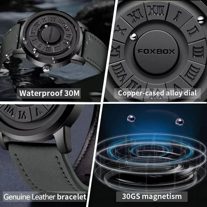 FOXBOX Watch Man Creative Scrolling Pointer Magnetic Force Quartz Wristwatch Genuine Leather Mens Watches