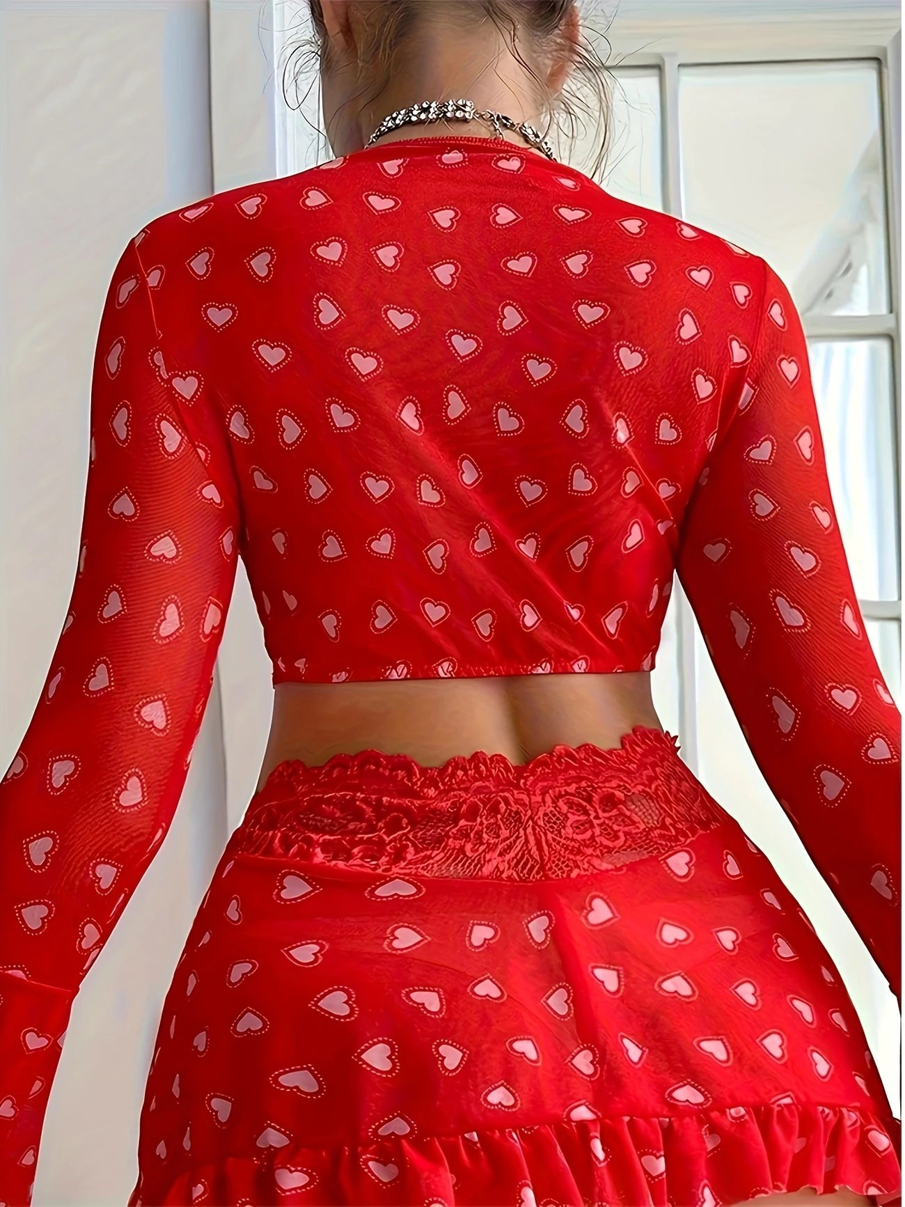 Lingerie Red Polka Dot Heart Pattern Short Flared Crop Top Skirt