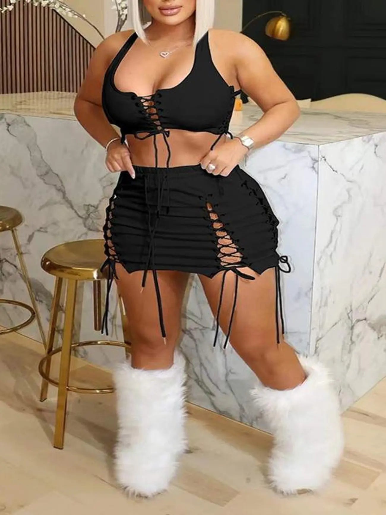 Fashionable Lace-Up Skirt Set