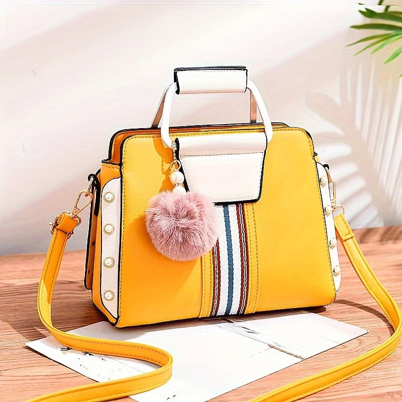 Stylish Colorblock Satchel Bag with Fun Pom Pom Accent