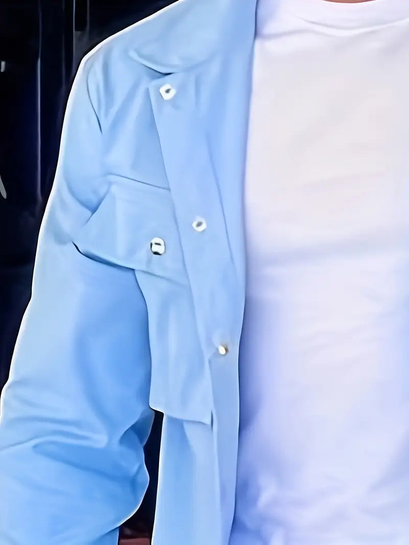 Men's Blue Button-Up Casual Jacket with Flap Pockets