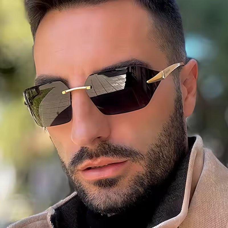 Luxury Curved Rectangle Shades Rimless Sunglasses