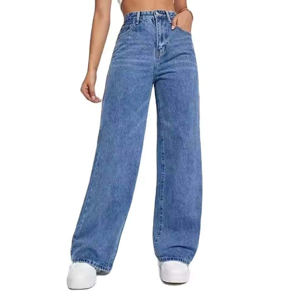 Women's New Dark Blue Wide-Leg Straight Jeans