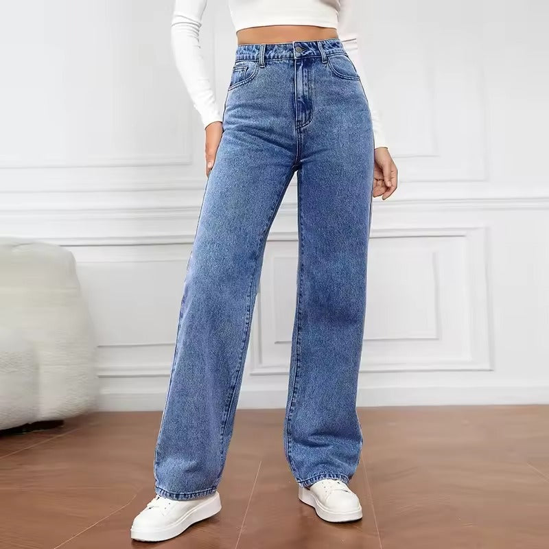 Women's New Dark Blue Wide-Leg Straight Jeans