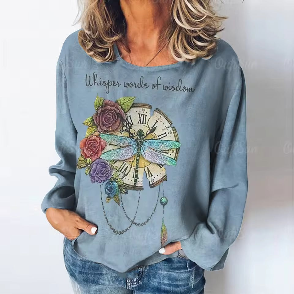 Women's T-Dragonfly Pattern Long Sleeves Tees Tops