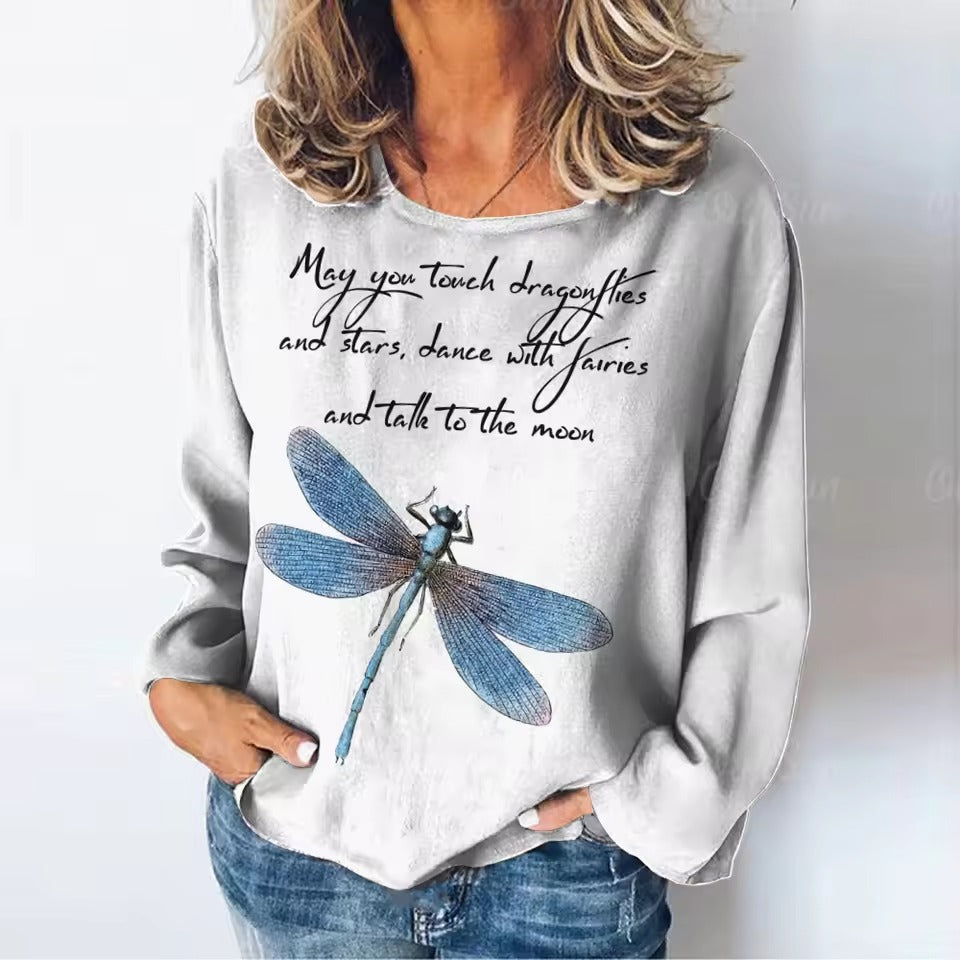 Women's T-Dragonfly Pattern Long Sleeves Tees Tops
