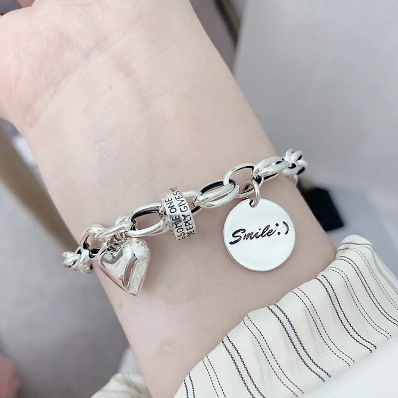 Vintage 925 Sterling Silver Heart Charm Bracelet for Women