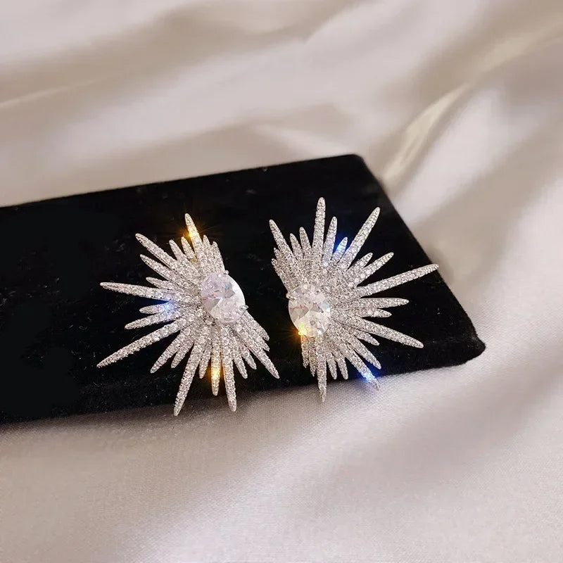 Silver Color Big Plant-Inspired Stud Earrings with Zircon