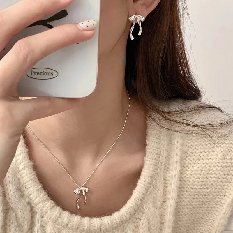 Romantic Style 925 Sterling Silver Bow Knot Tassel Earrings