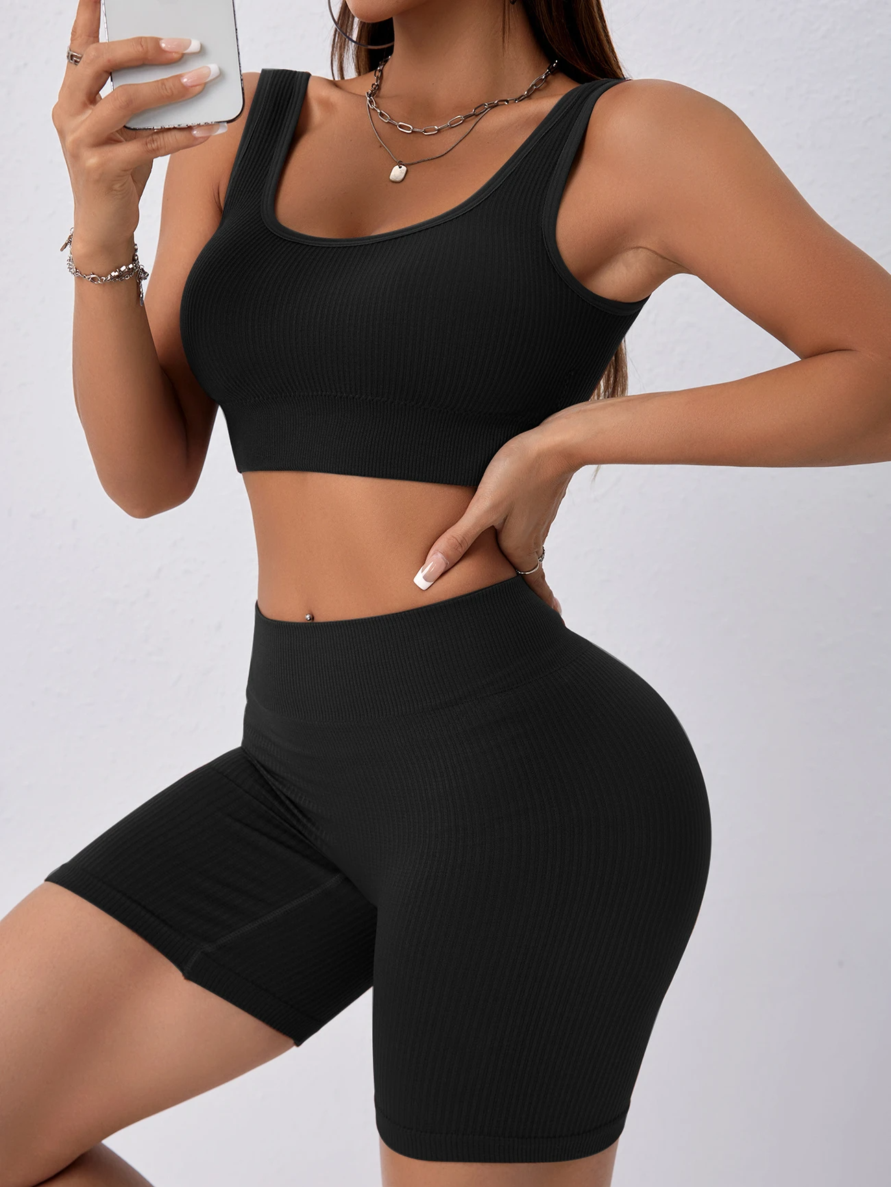Lifespree 2pcs Seamless Yoga Set Sports Suit Ribbed Tank