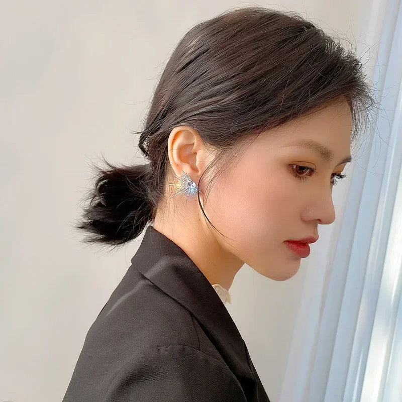 Silver Color Big Plant-Inspired Stud Earrings with Zircon