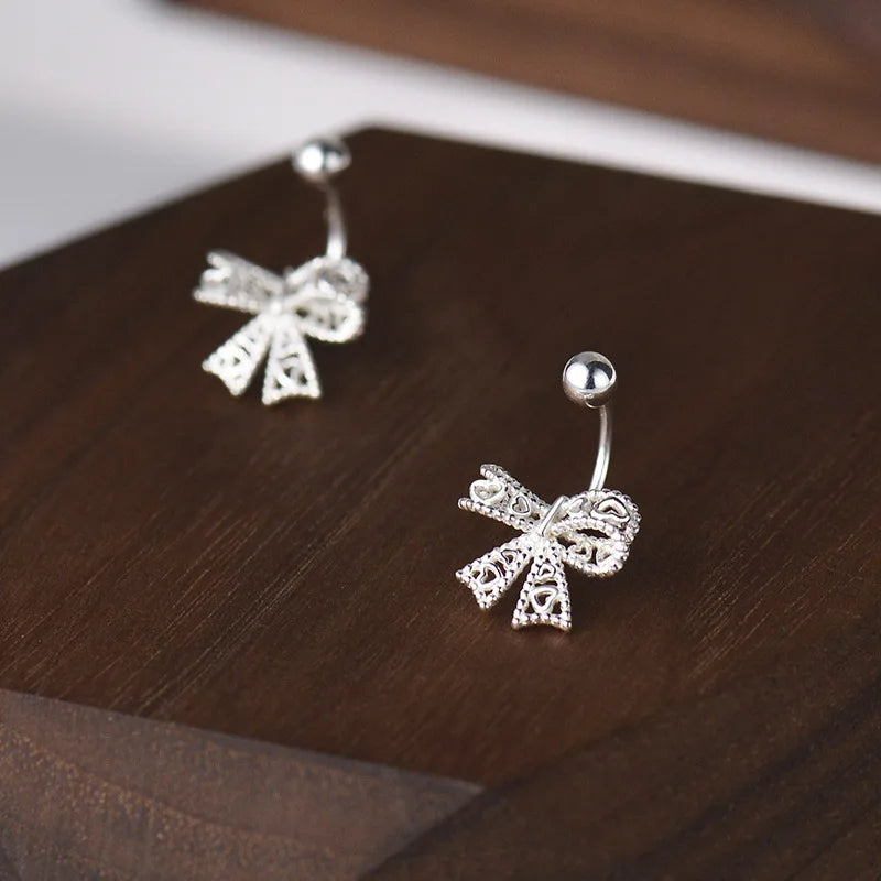 925 Sterling Silver Lace Heart Bow Stud Earrings
