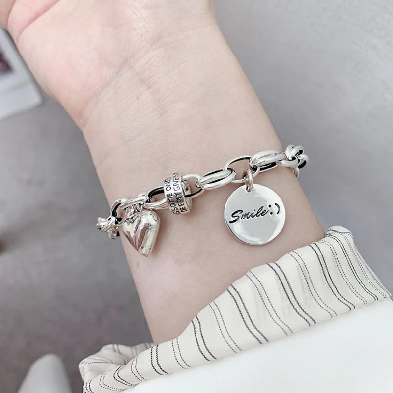 Vintage 925 Sterling Silver Heart Charm Bracelet for Women