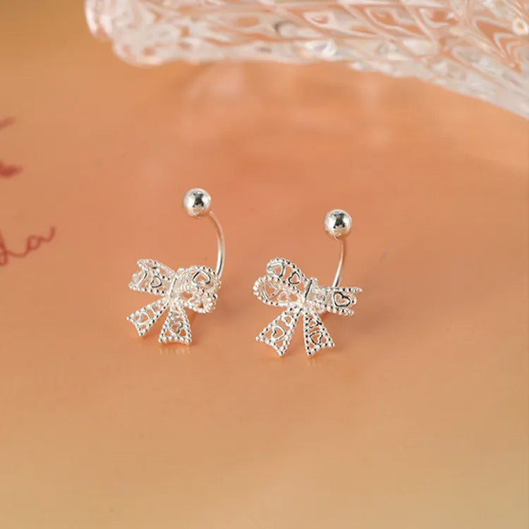 925 Sterling Silver Lace Heart Bow Stud Earrings