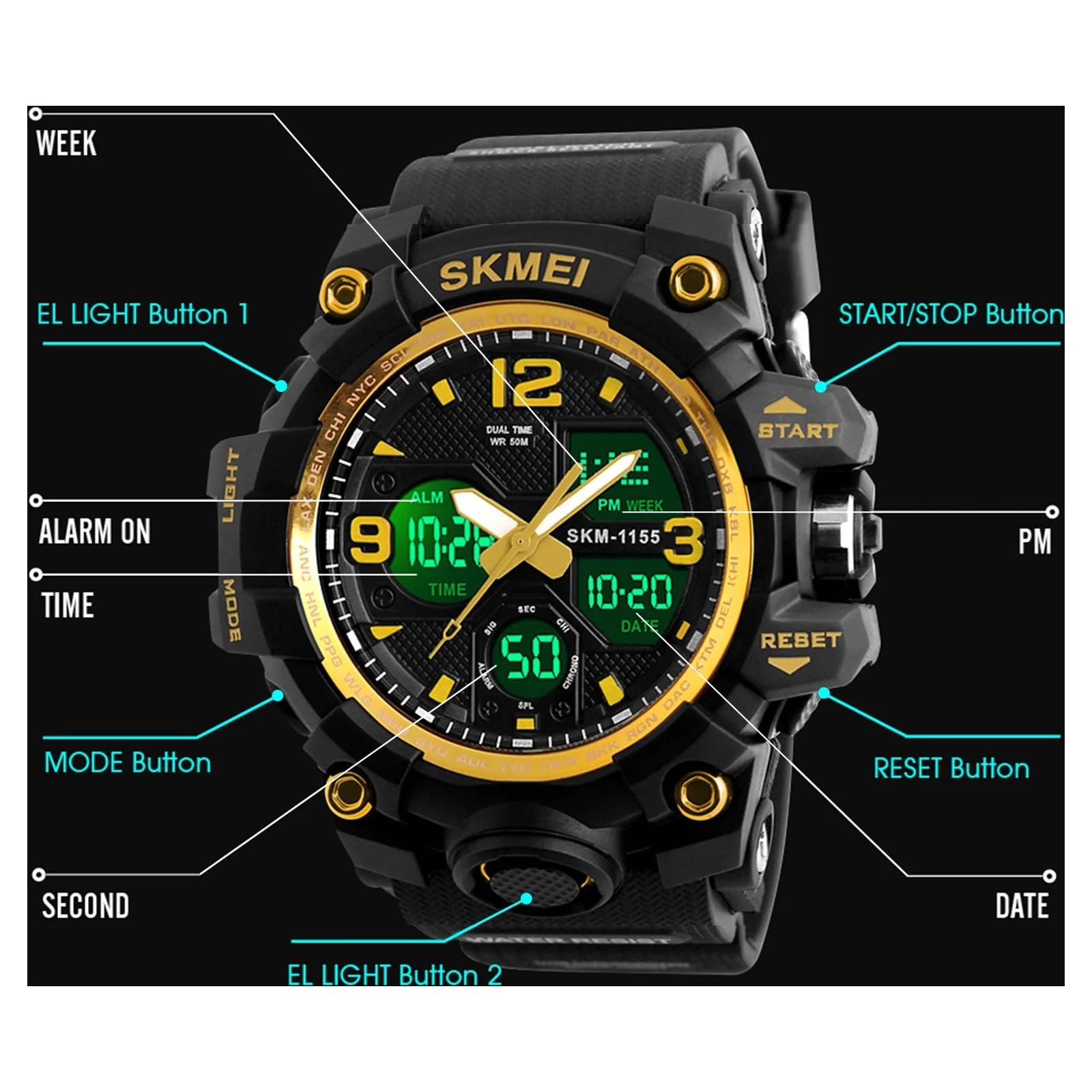 SKMEI Men's Digital Sports Watch, Large Face Military Waterproof Watches for Men with Stopwatch Alarm LED Back Light Sports Watch,Gold