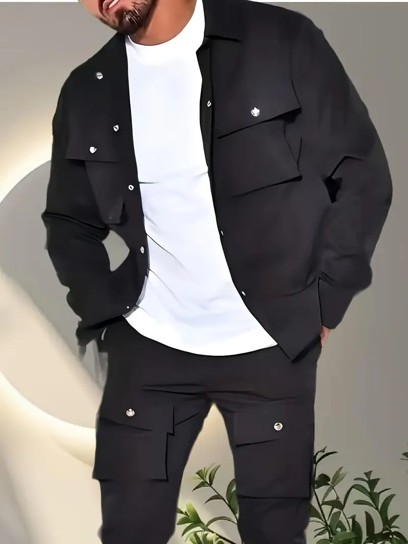 Men's Blue Button-Up Casual Jacket with Flap Pockets