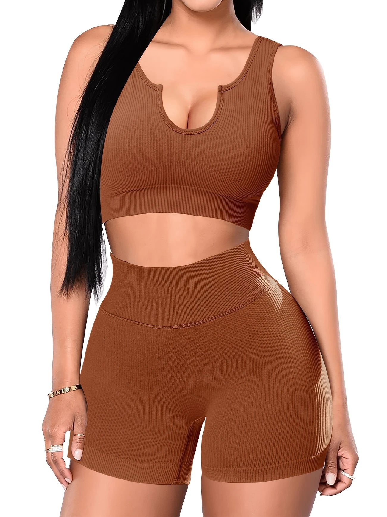 Workout Sets For Women Seamless Yoga Outfits Ribbed Sports Bra Gym Shorts