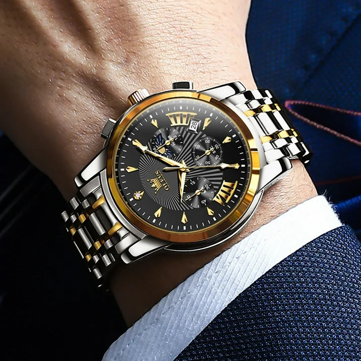 OLEVS Watches for Men, Mens Watches Quartz Gold Stainless Steel Waterproof Luminous Business Calendar Wrist Watch reloj para hombre Black Dial