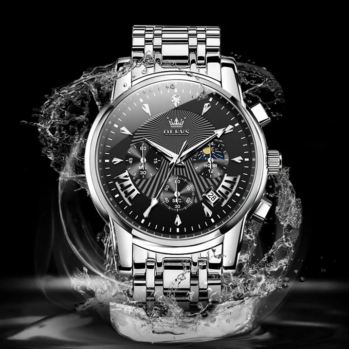 OLEVS Watches for Men, Mens Watches Quartz Silver Stainless Steel Waterproof Luminous Business Calendar Wrist Watch reloj para hombre Black Dial