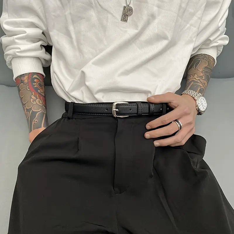 Men'S Casual Black Faux Leather Belt