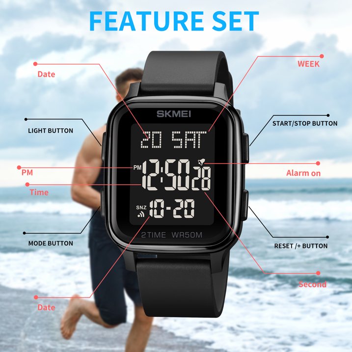 Men's Digital Multifunction Watch Outdoor Casual Square 50M Waterproof Led Light Wristwatch