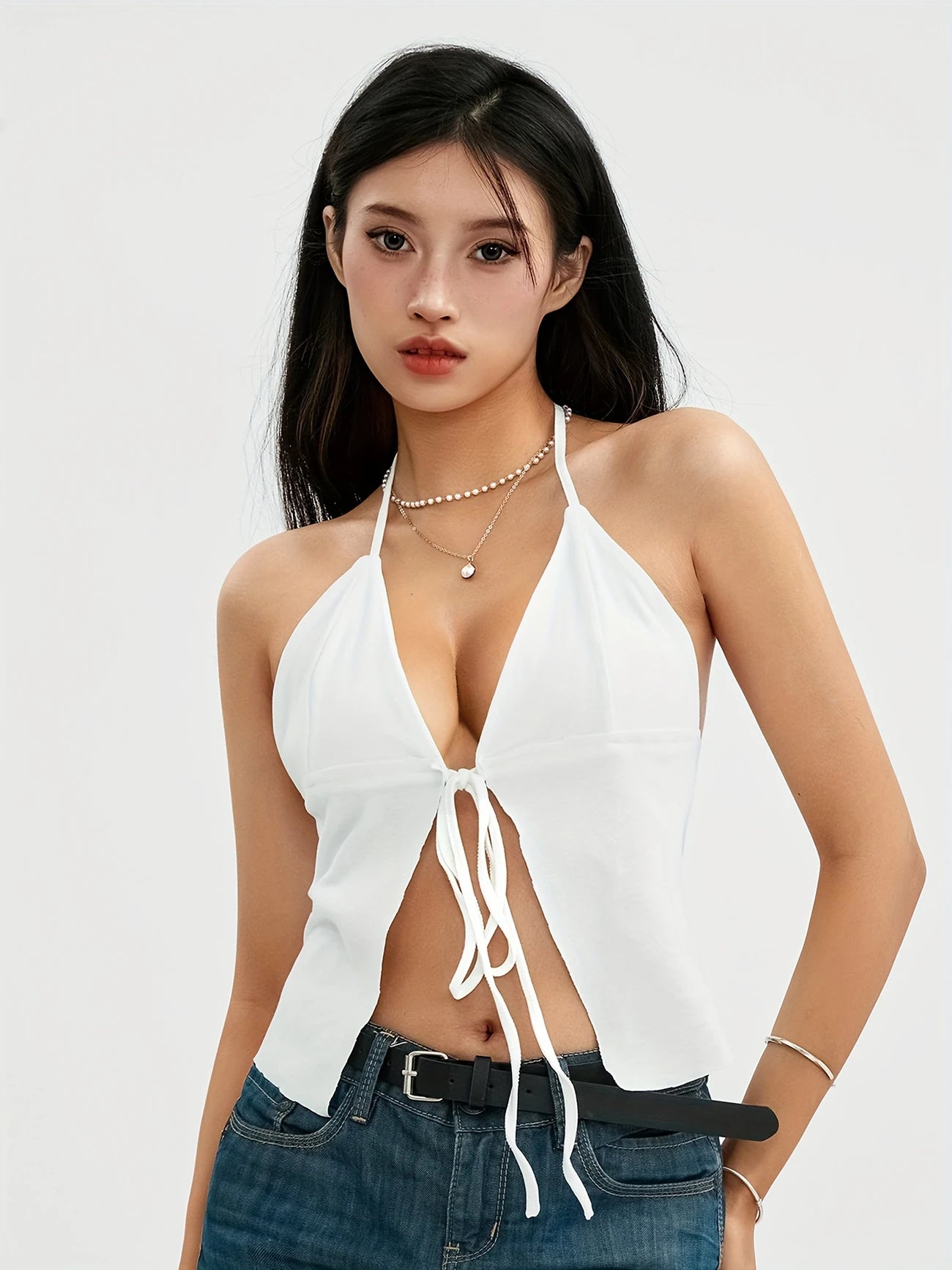 Chic Women's Halter Crop Top - Sleeveless, Drawstring Detail, Solid Color, Perfect for Summer & Spring Parties