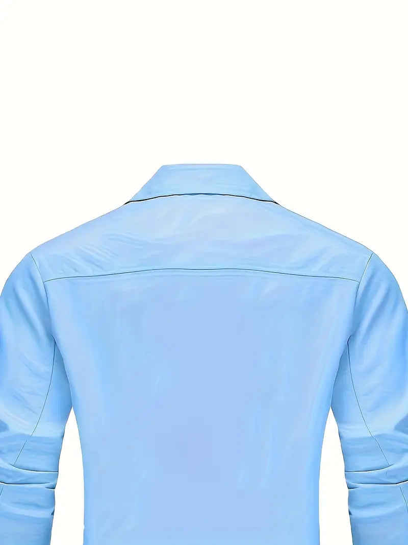 Men's Blue Button-Up Casual Jacket with Flap Pockets