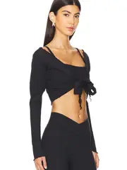Women Crop Wrap Tops Tie up Hem V-Neck Fitted