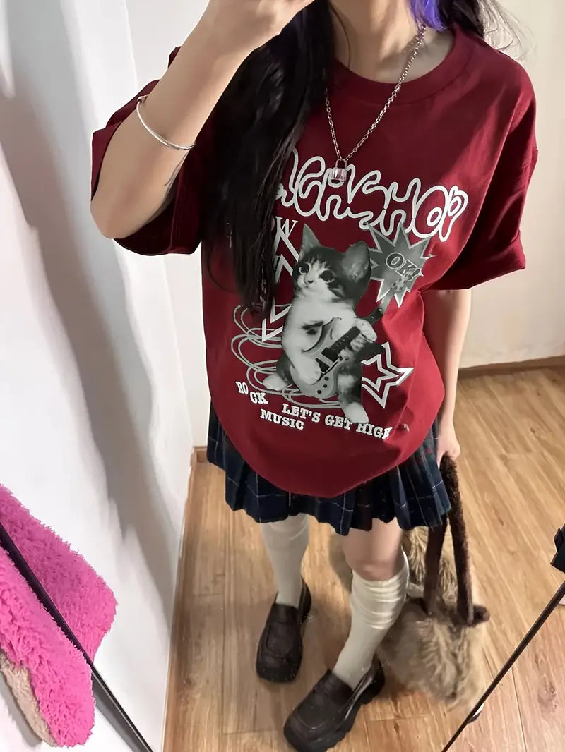 Maroon Retro Y2K-Inspired Graphic Tee