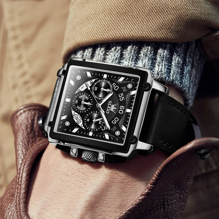 OLEVS Square Watches for Men Brown Leather Chronograph Fashion Business Watch