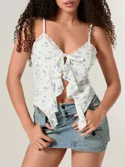 Women's Sexy Summer Fitted Camisole Top - Sleeveless V-Neck Tie-Up Bow Bustier Crop Top