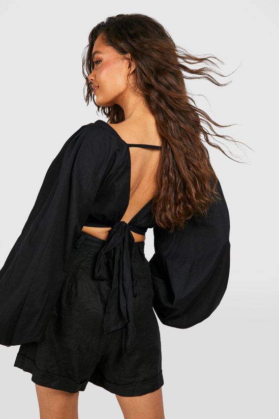 Linen Look Balloon Sleeve Tie Back Crop Top