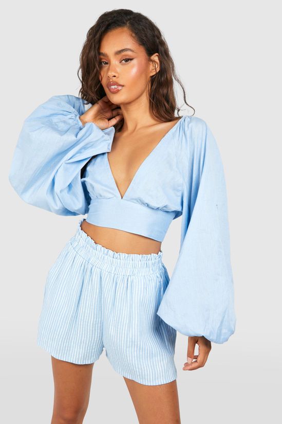 Linen Look Balloon Sleeve Tie Back Crop Top