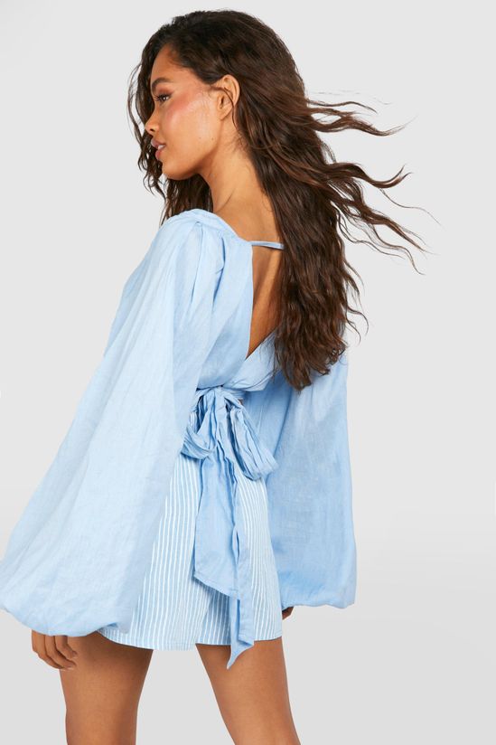 Linen Look Balloon Sleeve Tie Back Crop Top